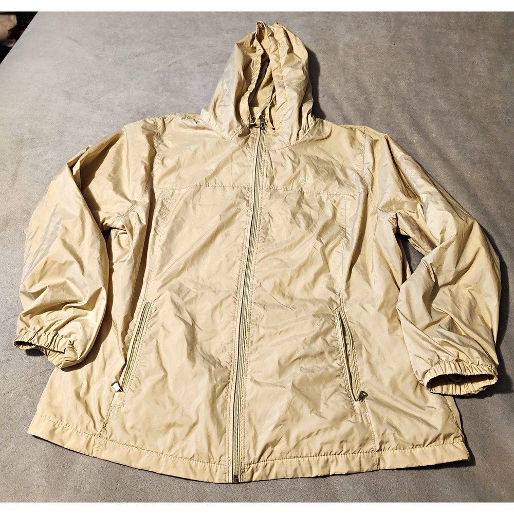 Calvin Klein Women's XL Beige Fleece Lined Hooded Windbreaker Jacket Full Zip